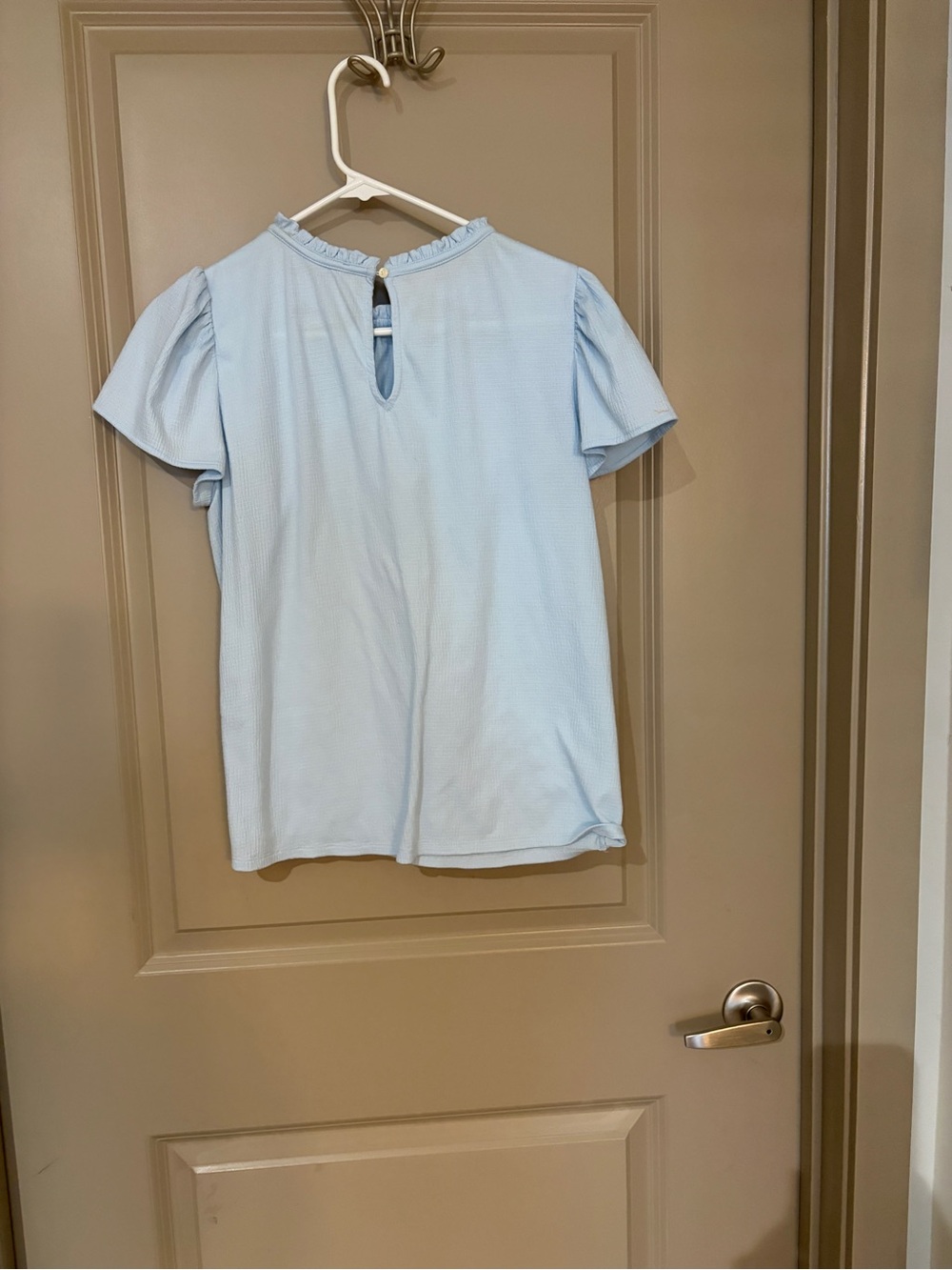 LOFT Light Blue Smocked Shoulder Ruffle Neck Blouse - Picture 5 of 6